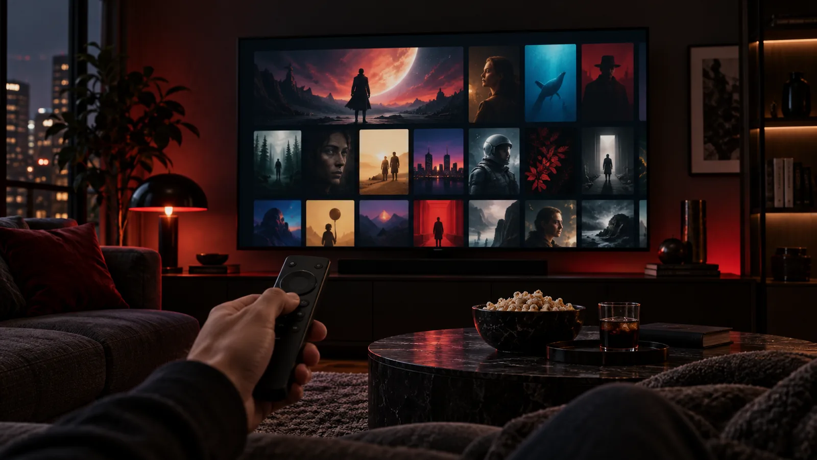 غرفة معيشة حديثة وتلفزيون يعرض مكتبة ترفيه سينمائية